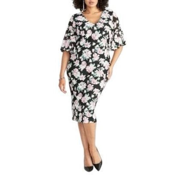 Rachel‎ Roy Plus Size 20W Dress Midi Ruffle Bell Sleeve Floral Black Pink 383 - Picture 2 of 12